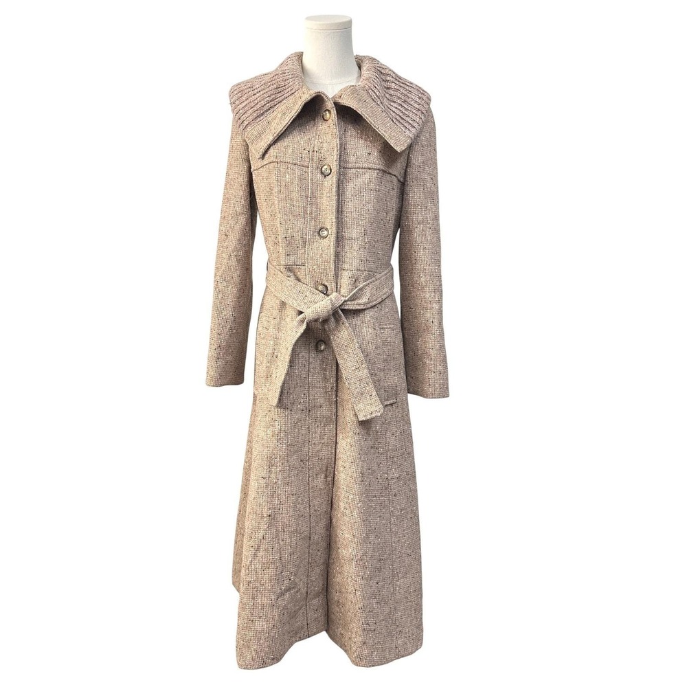Vintage 1970s Tweed Maxi Coat Small Belted Knit Collar ILGWU Union Made USA